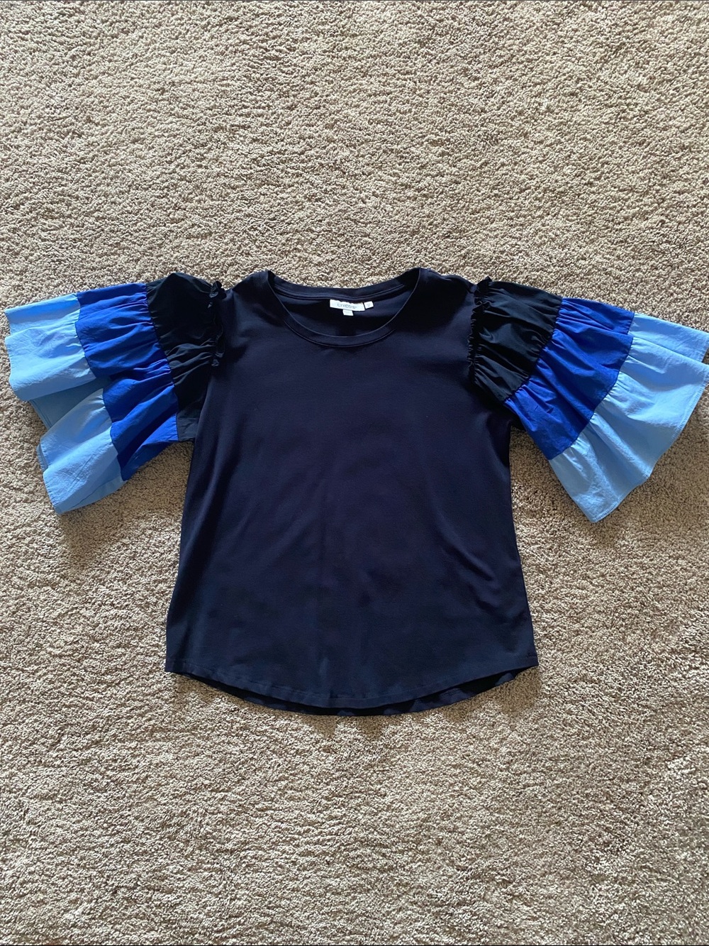 Chico's Navy Short-Sleeve Top with Blue Tiered Ruffle Sleeves